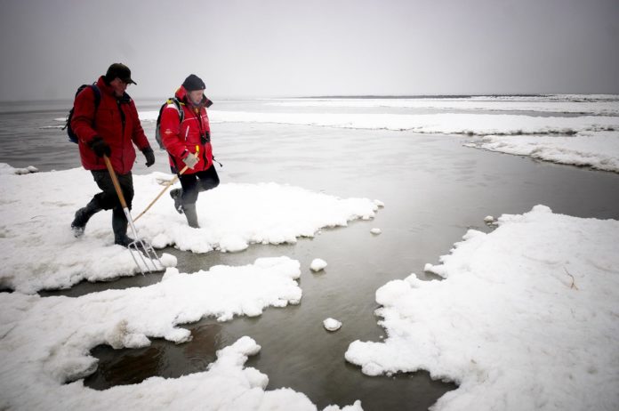 Schnee im Watt: Eine beeindruckend sinnliche und eisige Winterwanderung vor Büsum Schnee im Watt vor Büsum. Foto: Oliver Abraham