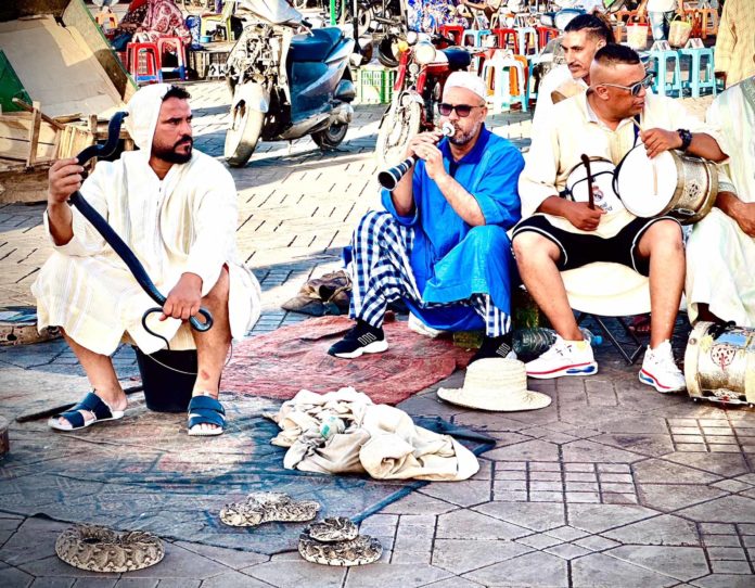 Marokkos Herz schlägt am Djemaa El Fna in Marrakech Am Platz der Geköpften, dem Djemaa el Fna in Marrakech, gehen Schlangenbeschwörer ihrer Arbeit nach. Foto: Mario Vedder